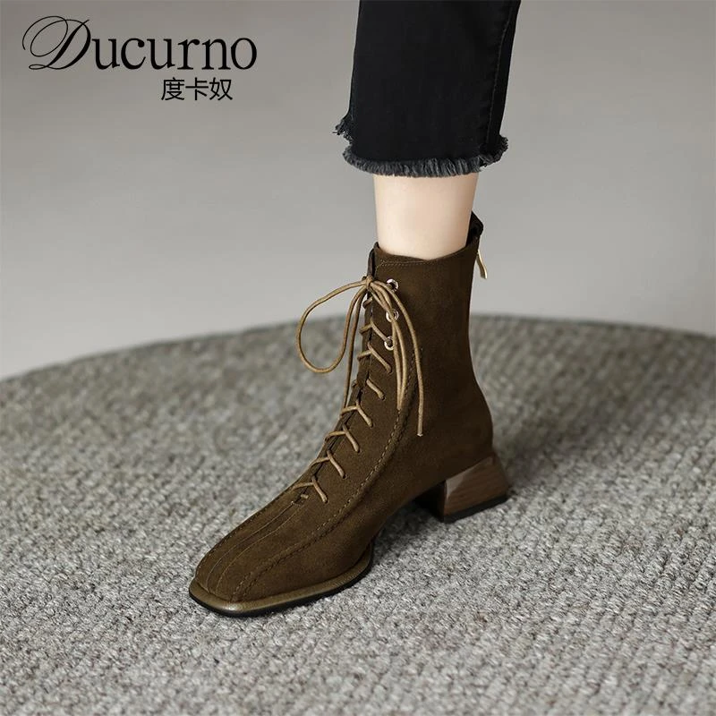 DUCURNO法式时尚百搭方头系带马丁靴女款磨砂真皮粗跟显瘦小短靴