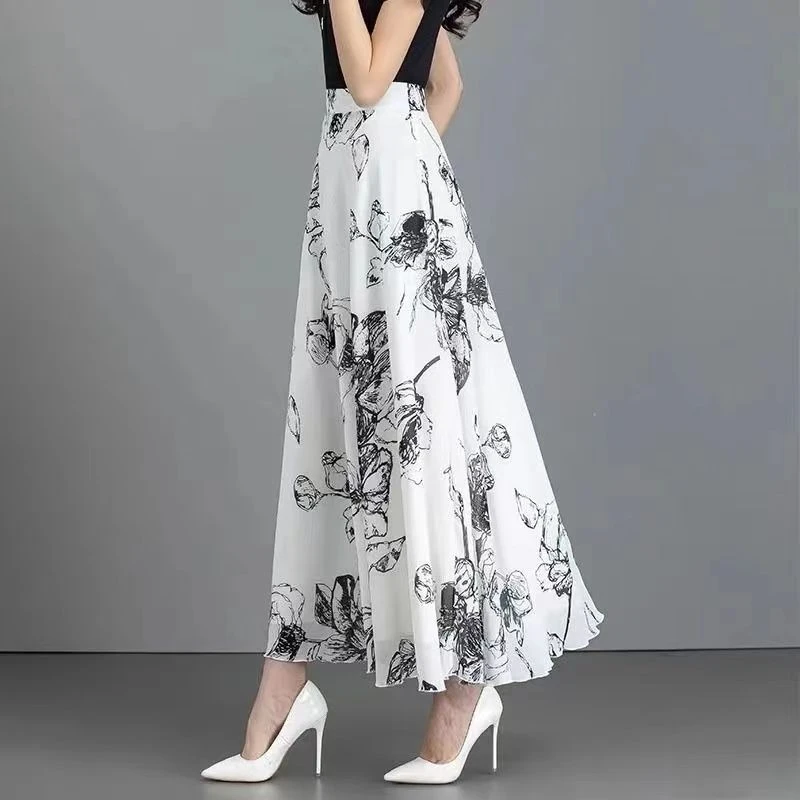 2024夏季新款复古水墨印花百搭半身裙长款高腰字裙大摆仙女裙子