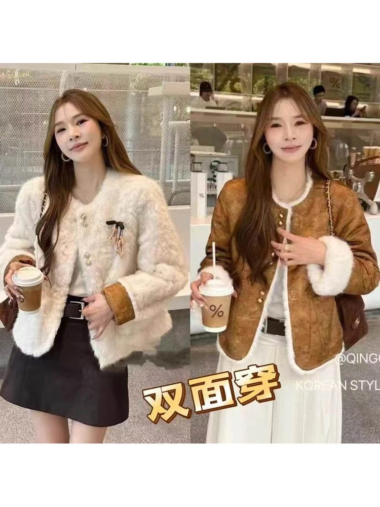 圆领单排扣两面穿皮毛外套女欧洲站2025冬季新款时尚百搭保暖上衣