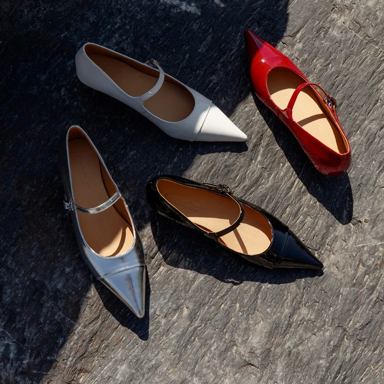 悦熹/5cm/春季时尚百搭显气质尖头坡跟配裙子法式白色玛丽珍单鞋