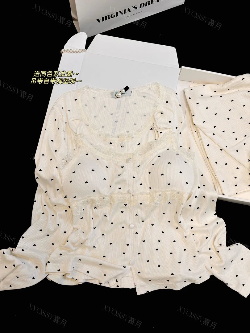 梦露甜美少女纯欲风爱心吊带睡衣三件套自带胸垫家居服可外穿长袖