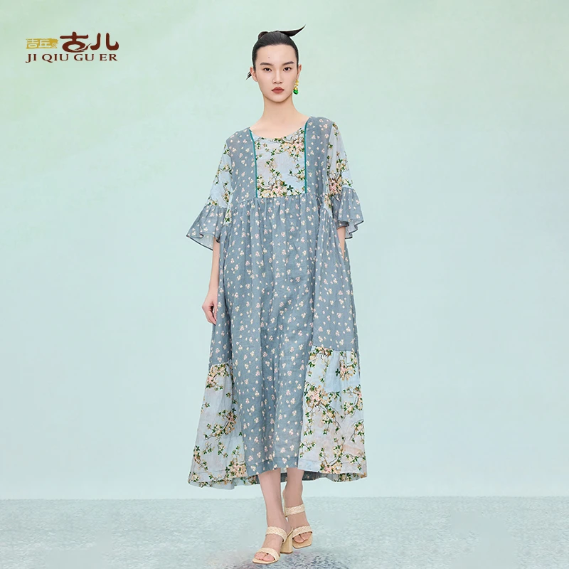 吉丘古儿G252Y026苎麻连衣裙田园度假风宽松显瘦休闲碎花中长款夏