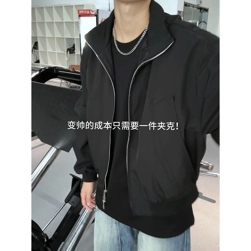黑色cleanfit美式短款外套男士春秋教练飞行夹克boxy潮牌立领外套