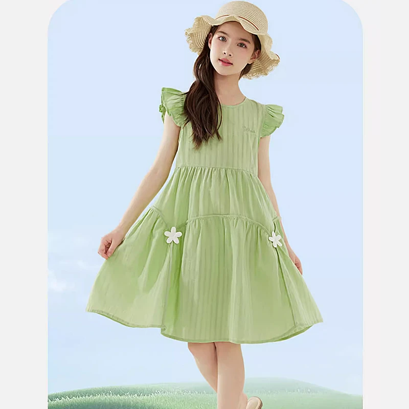 K416 童装120-150码国内儿童纯棉连衣裙女童短袖裙夏季可爱小飞袖