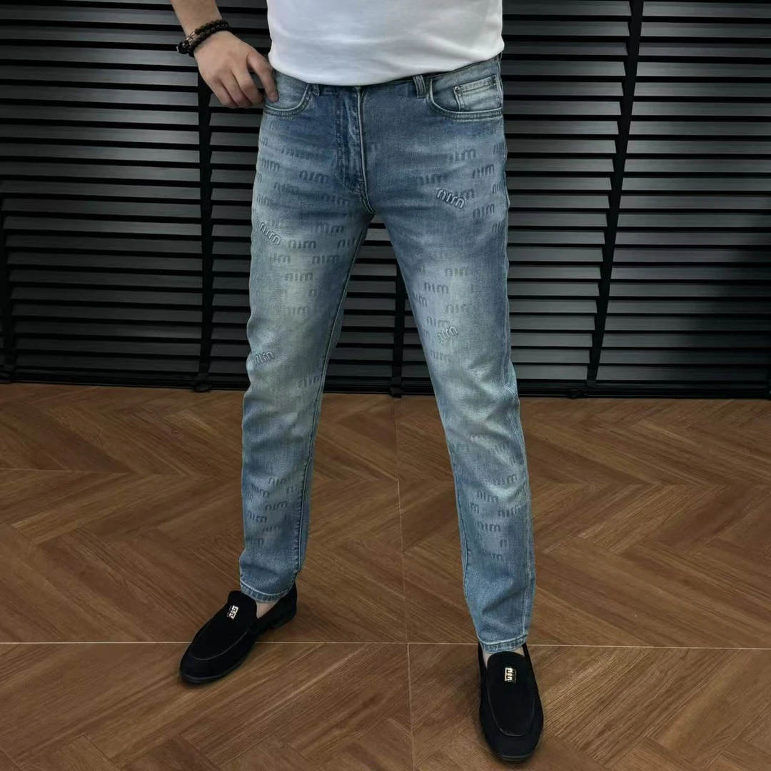 77083-夏季欧货修身百搭弹力小脚牛仔裤提花印花欧货潮牌牛仔裤