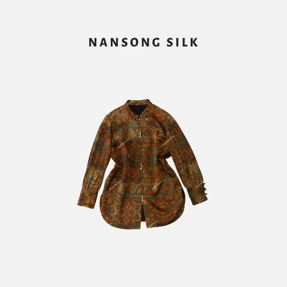 【麦莳】品牌新款桑蚕丝立领盘扣长袖宽松上衣529089