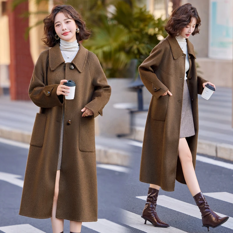 2025秋冬新款双面呢羊毛大衣女中长款红色气质时尚宽松毛呢外套女