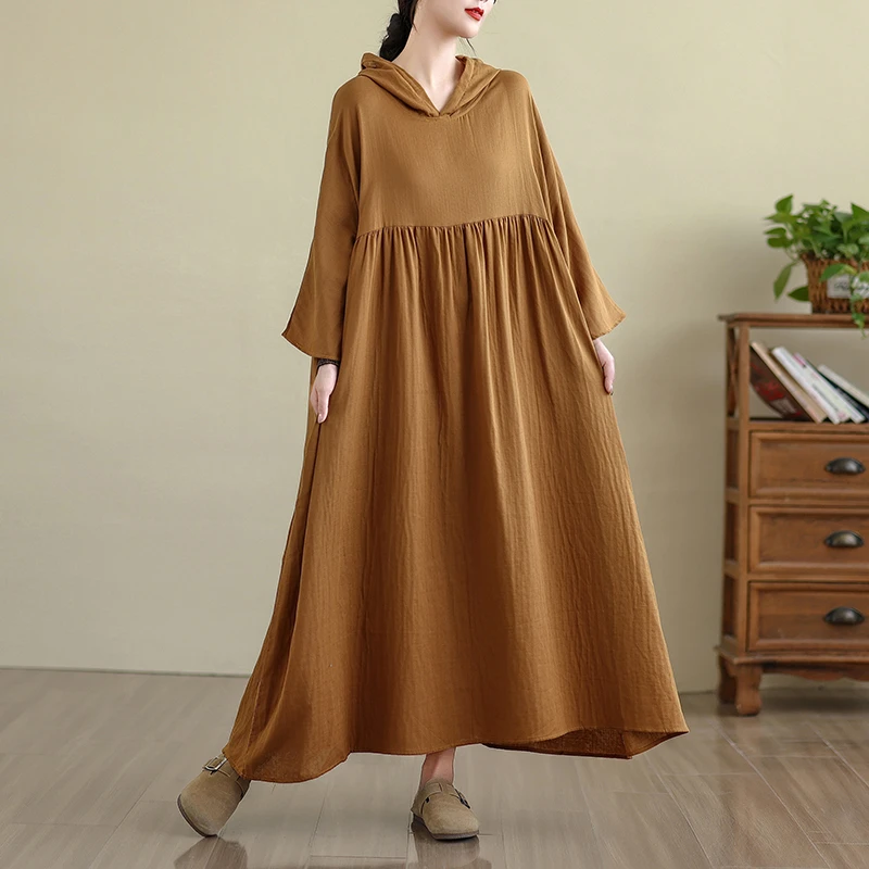 复古小众温柔风高级双面纱棉麻连帽长袖姜黄色印花连衣裙2025早秋