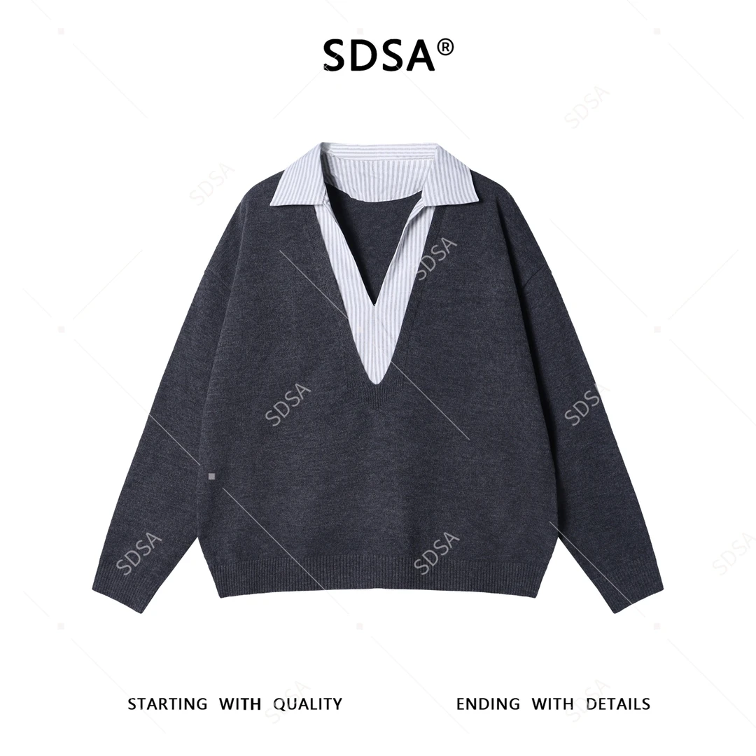 SDSA男士秋冬新款痞帅男装韩版拼接小V翻领毛衣百搭慵懒风上衣潮