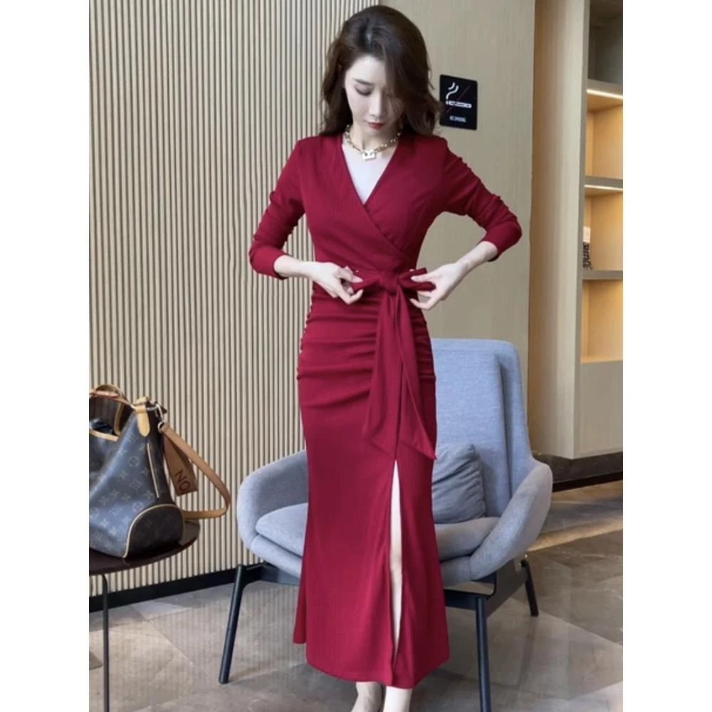 法式秋月女式v领长袖连衣裙新款束腰修身开衩盖臀鱼尾裙