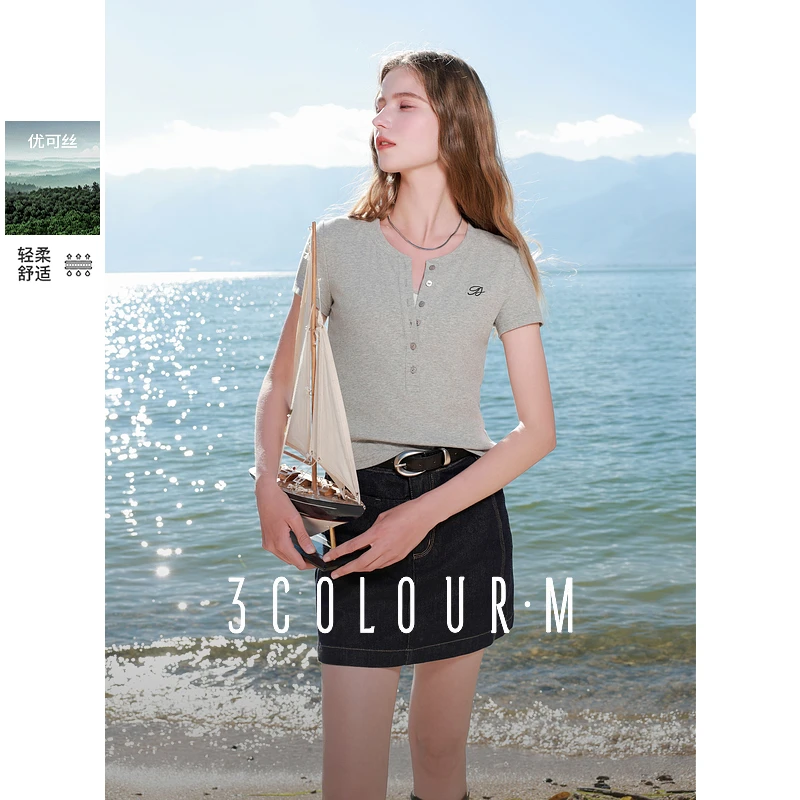 【大叔专享】D401CM208Z20三彩2025春季新款优可丝修身短款T恤Tdbx