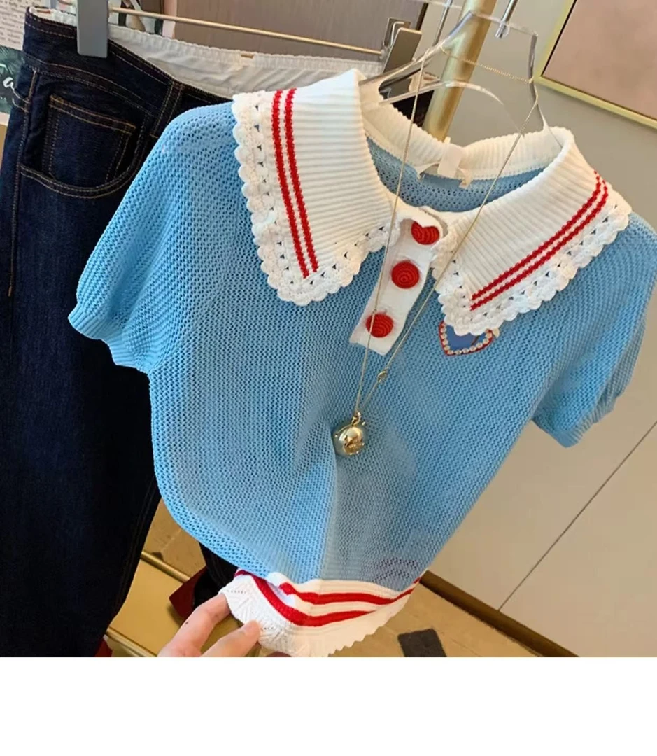 胖mm法式甜美娃娃领蓝色刺绣短袖针织衫女夏装小众冰丝短款上衣