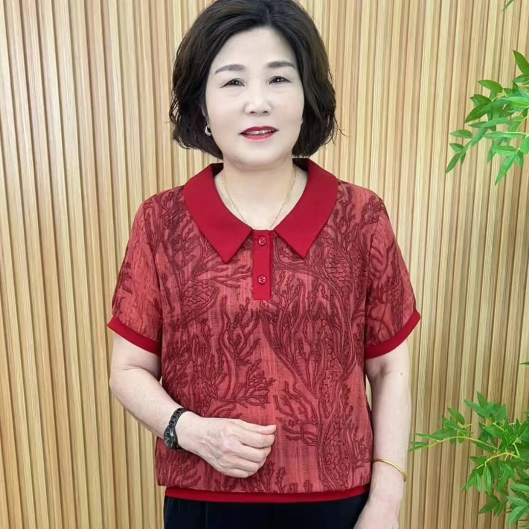 娃娃领常规款极简风花朵中老年女装中年宽松小衫妈妈装V6359