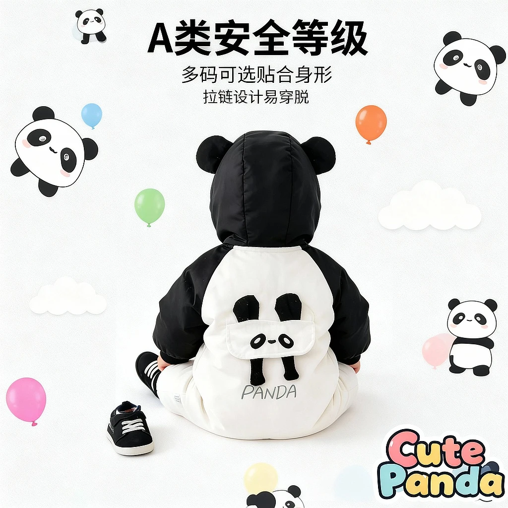 MR冬款小熊猫哈衣婴幼儿连帽拉链插肩可爱熊耳爬服男女宝宝连体衣