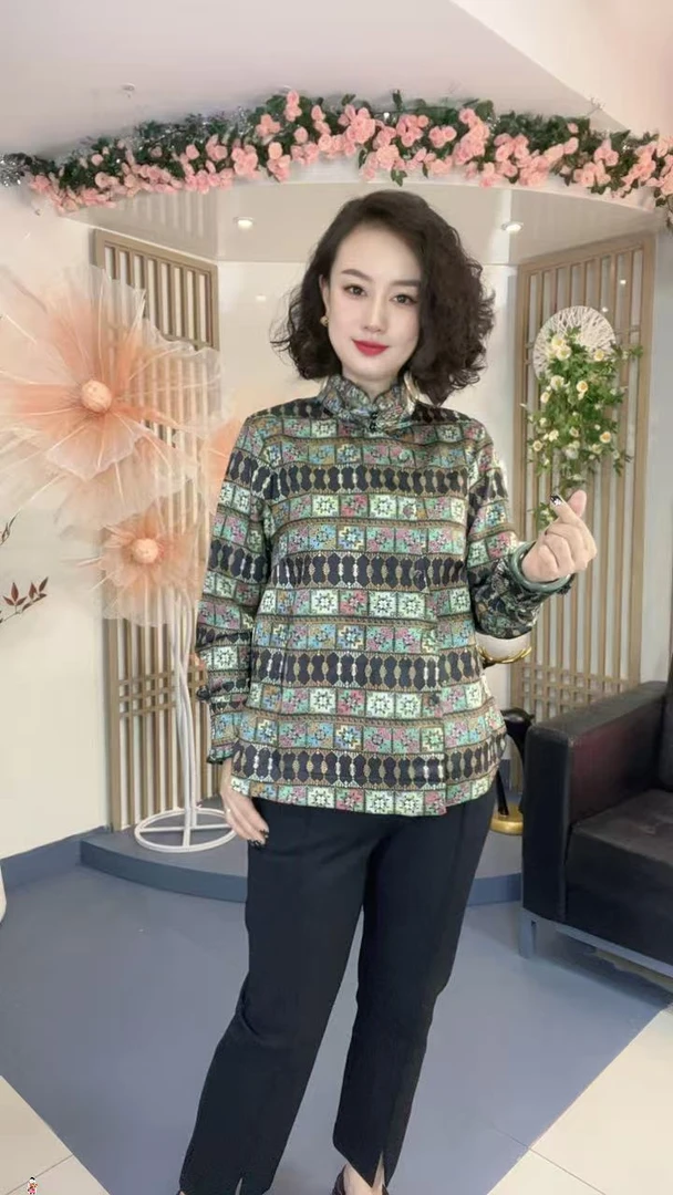 新中式国风高级感木耳边偏襟盘扣气质复古印花衬衫Y9070-11