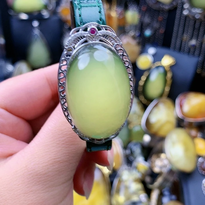 琥珀裸石银S925镶嵌手镯