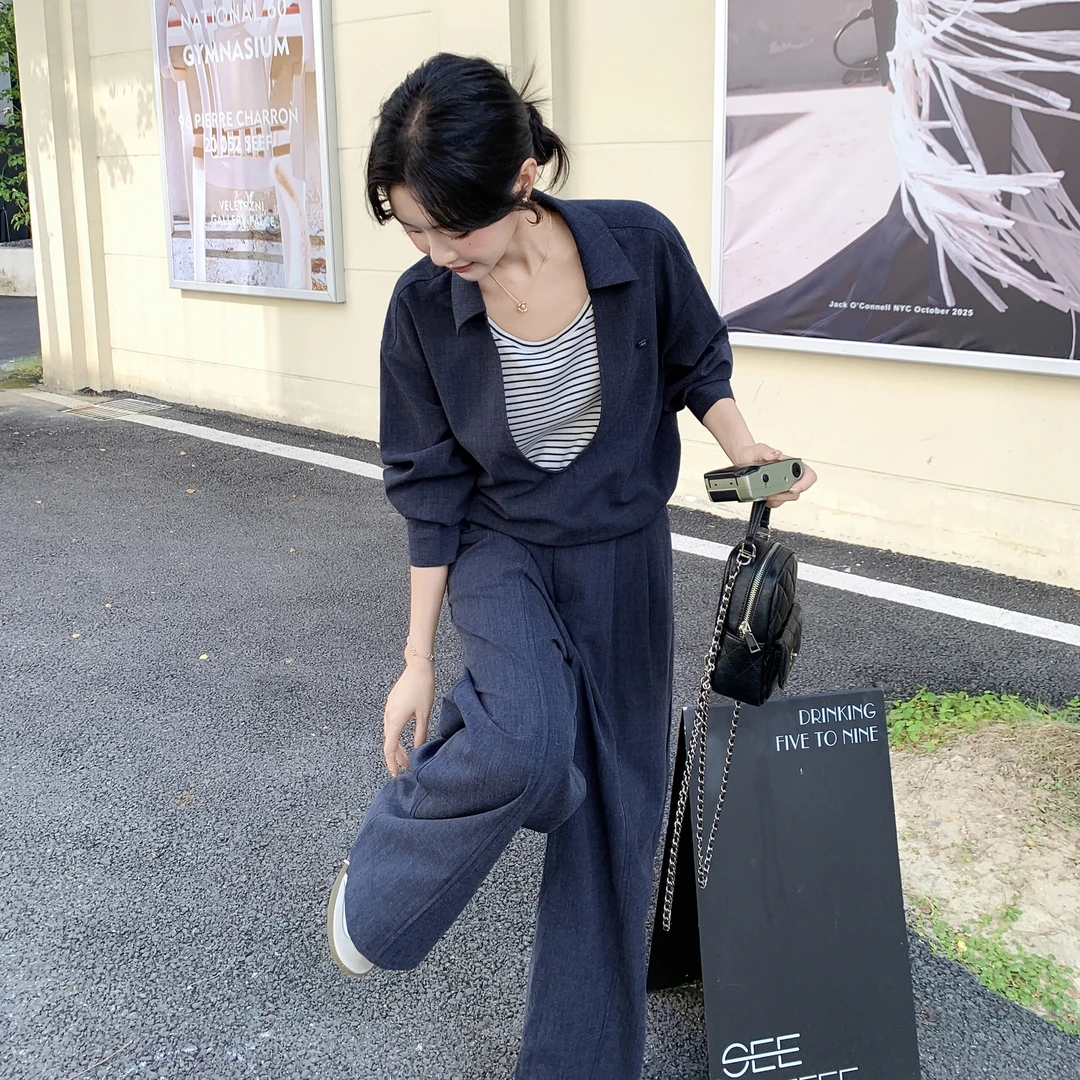 设计感条纹撞色拼接炸街显瘦套装女2025洋气新款气质时尚两件套