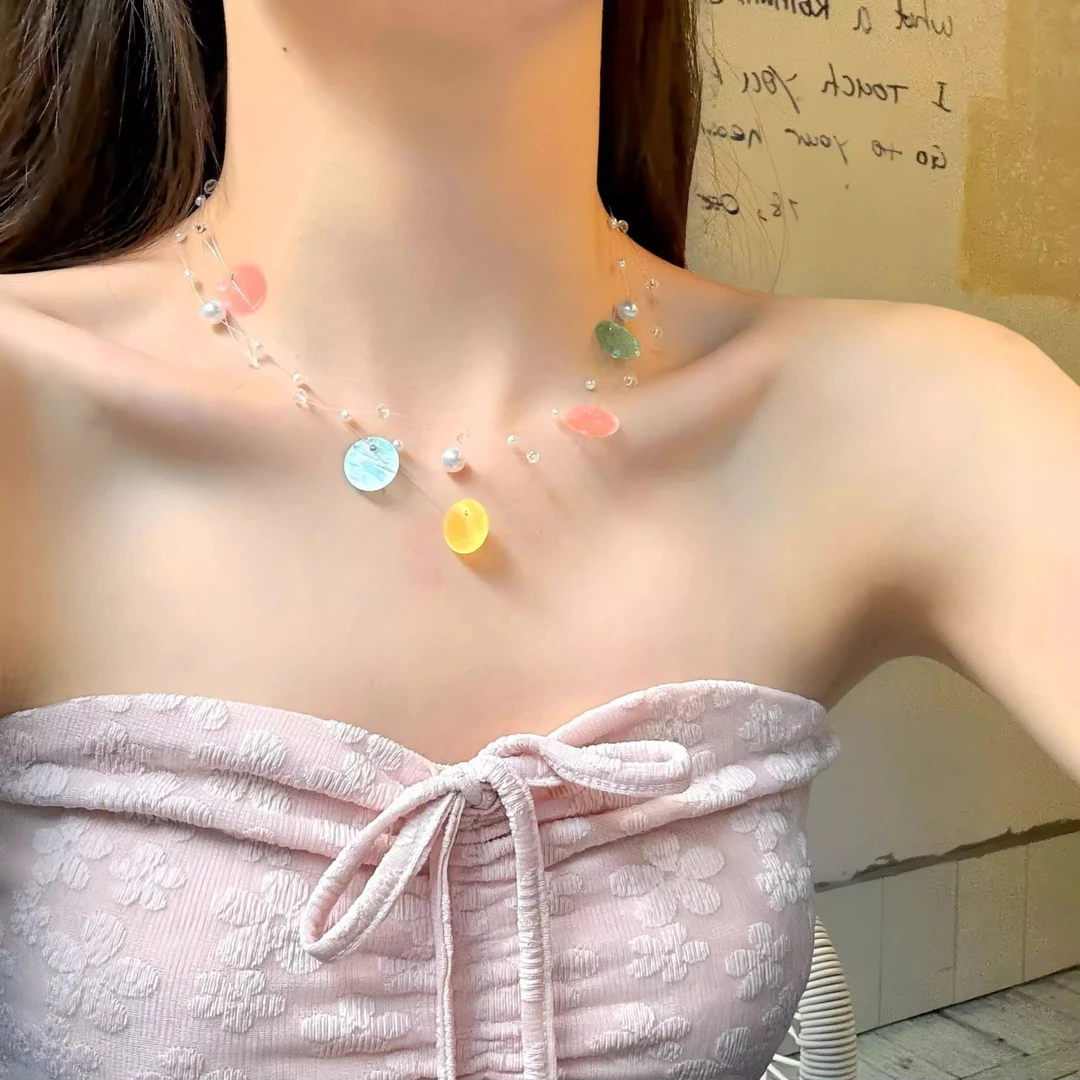 非金属贝壳项链 盛夏之约 度假风彩色贝壳鱼线项链海边多巴胺配饰