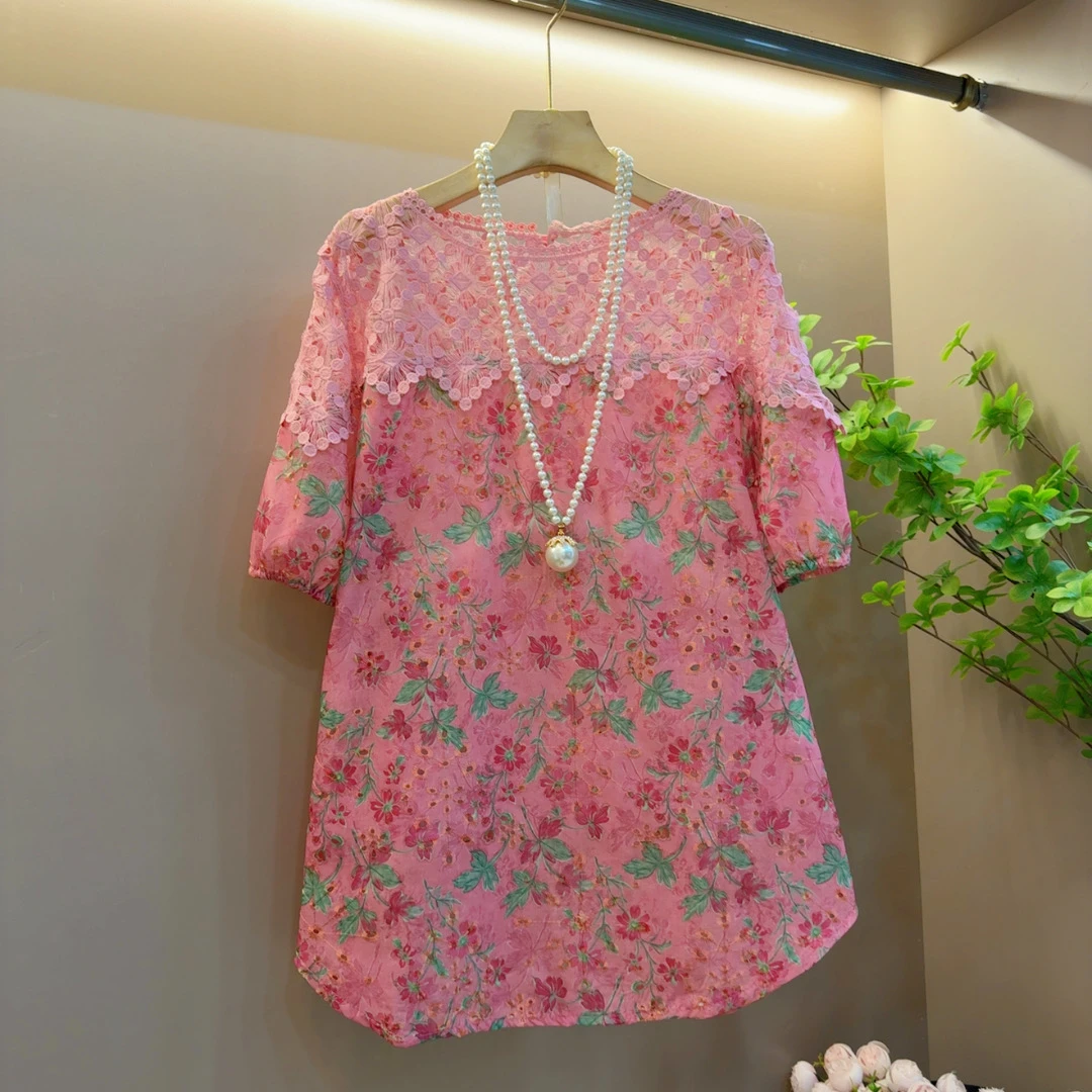 2025年夏季新款洋气欧洲站气质时尚拼接花边碎花百搭宽松上衣