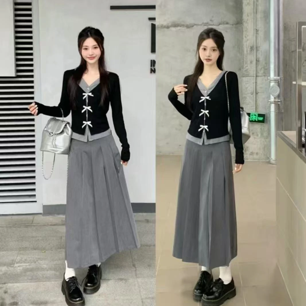 韩系两件春秋拼接开衫长袖套装上衣学院高腰显瘦百褶裙气质半身裙