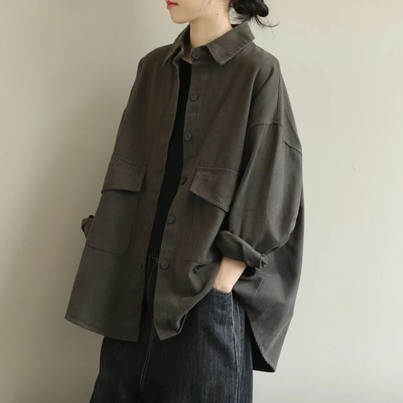 外贸出口尾单剪标大牌宽松大口袋衬衫外套春秋款休闲长袖开衫上衣