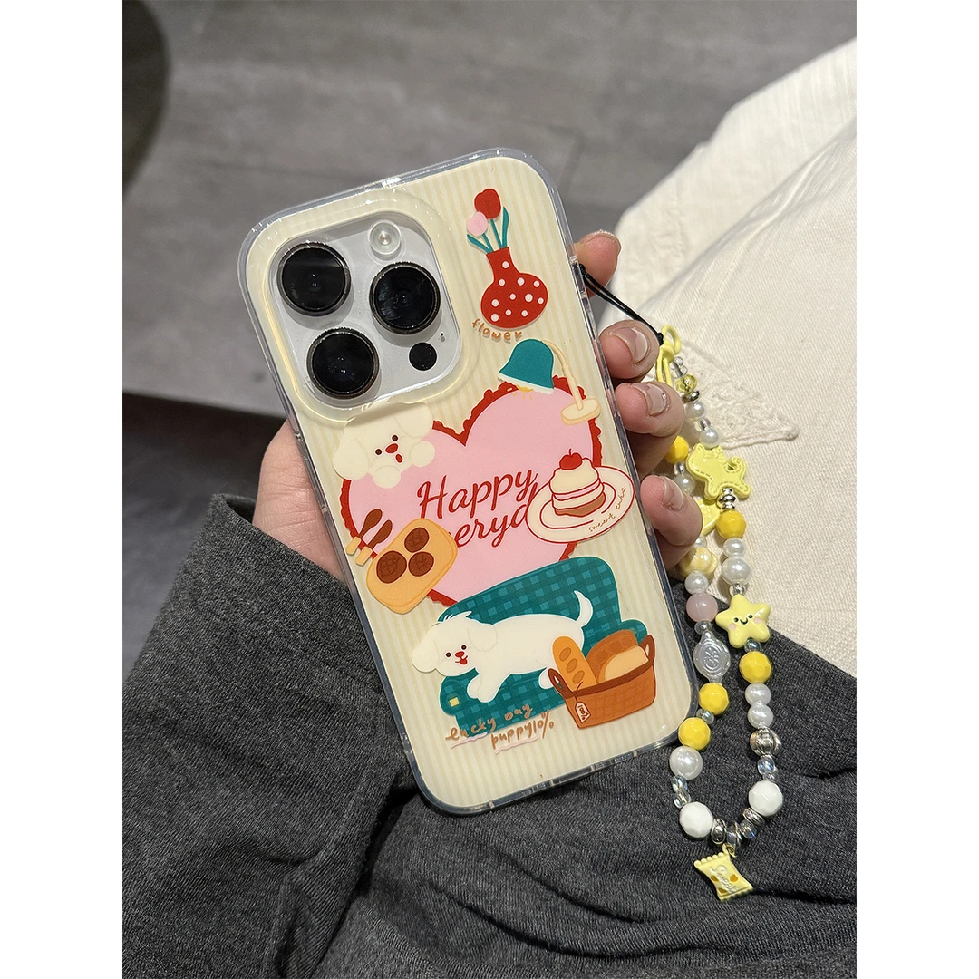 适用苹果16手机壳iPhone15/14promax爱心蛋糕小狗插画保护套