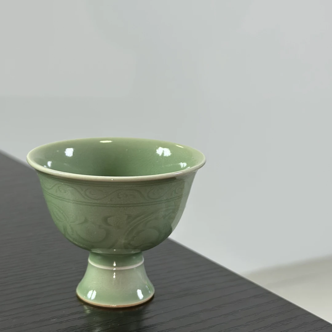 心悦茶器 龙泉青瓷 柳佳昊缠枝牡丹纹高足杯手工杯 手工茶器