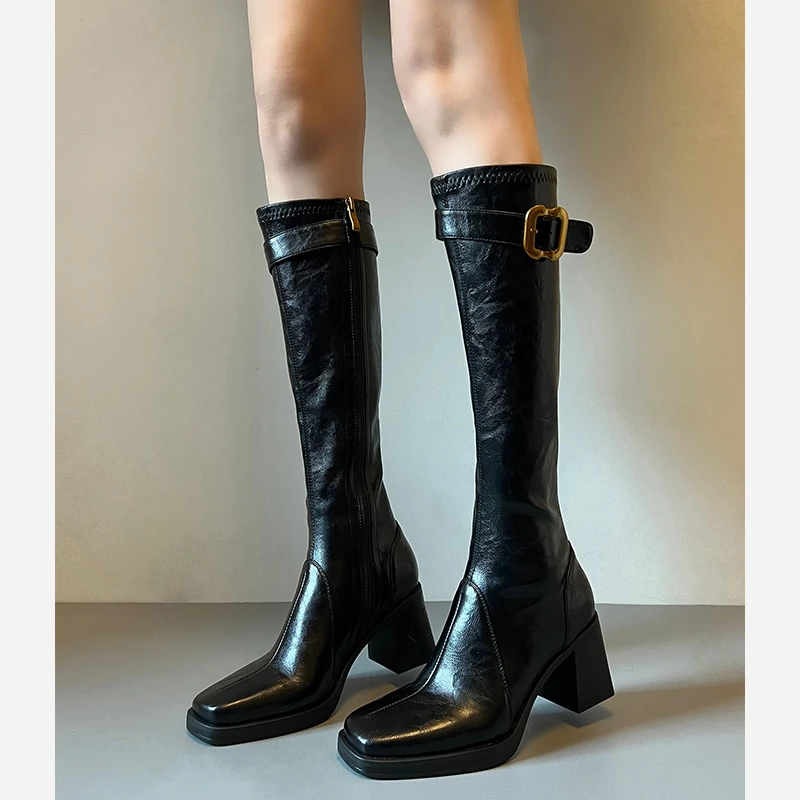 牛皮版~辣妹风高跟长筒靴女皮带扣方头包腿瘦腿长靴子秋冬骑士靴