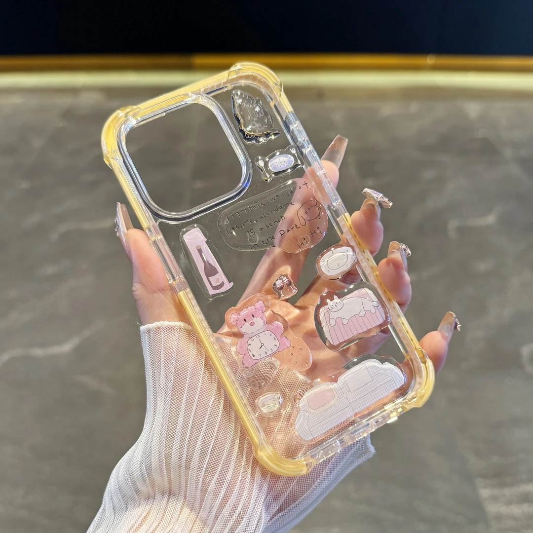 适用于苹果16promax手机壳新款透明气囊iPhone15立体滴胶小熊14硬