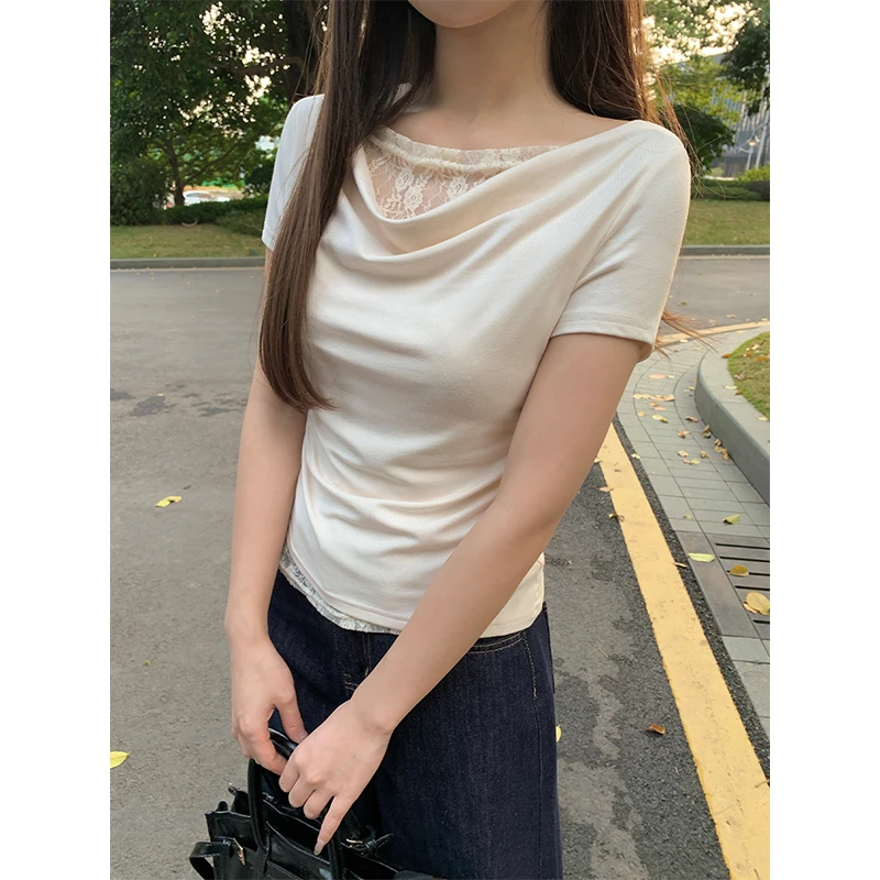 纯欲蕾丝拼接荡领露肩一字肩性感设计短袖T恤女夏季显瘦辣妹上衣