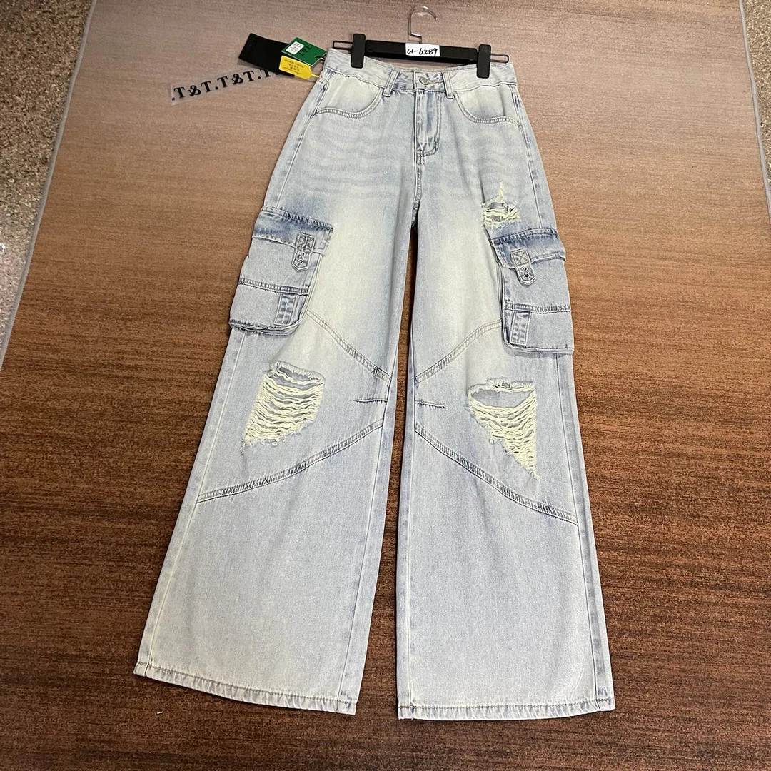 C1-6289 薄款 浅蓝色加长个性超酷弯刀阔腿工装裤 无弹（不退换）