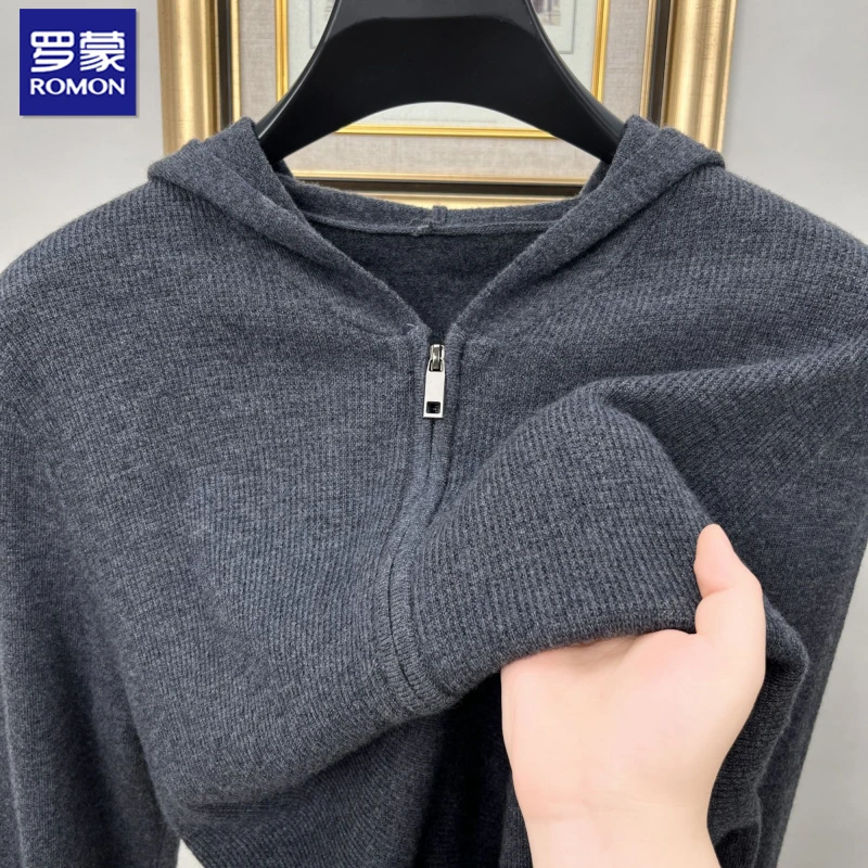罗蒙男士纯羊毛衫秋冬季保暖连帽毛衣开衫纯色男士纯羊绒保暖开衫