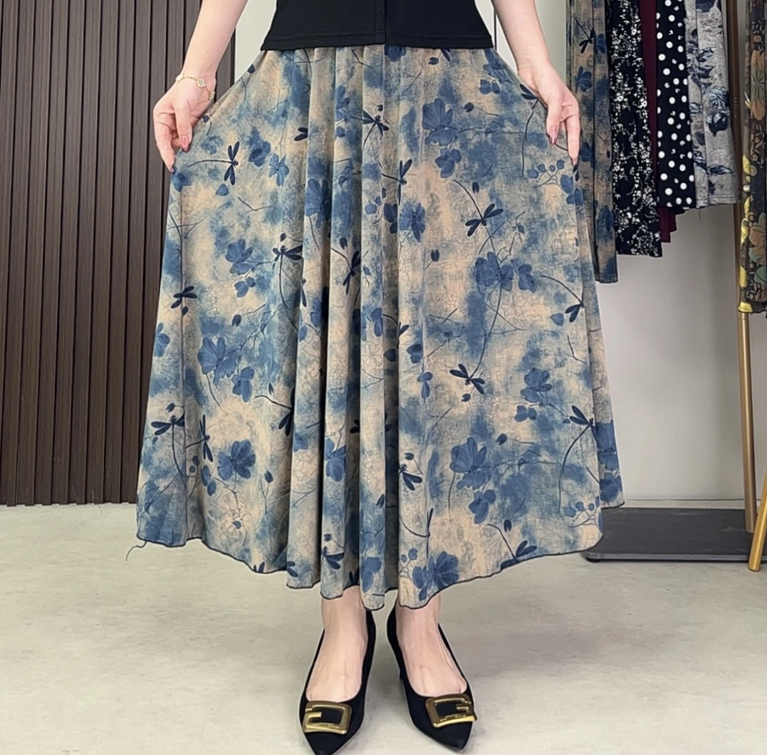 夏季高腰显瘦中长款碎花冰凉丝滑A字半身裙