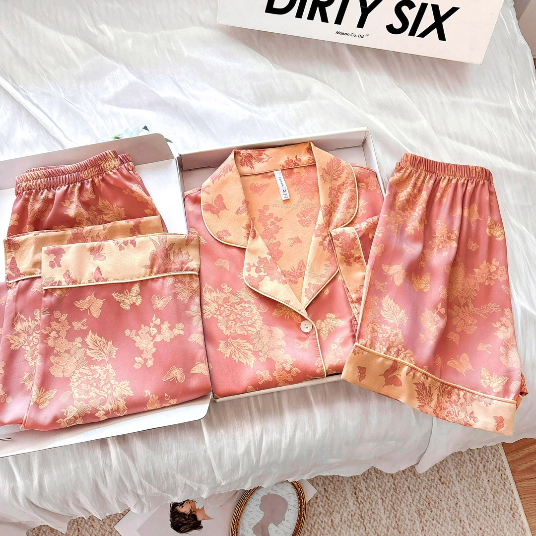 达芬奇密码胭脂雪夏季睡衣女款2025新款家居服短袖三件套礼盒套装