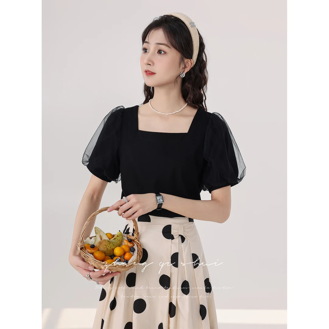 张汽黑色方领短袖T恤小众泡泡袖减龄又a又飒上衣女装LZQS034129