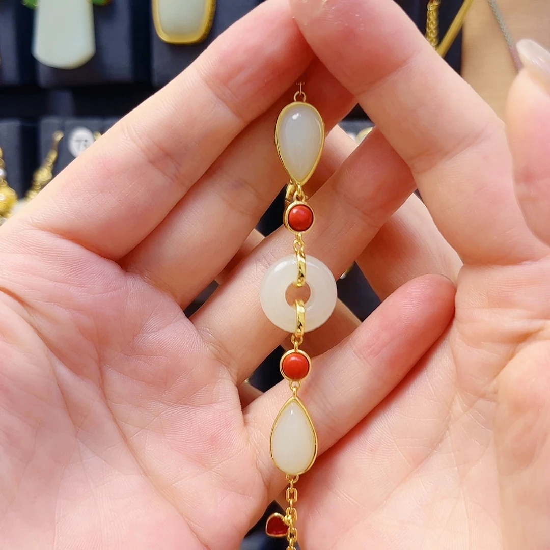 和田玉银S925镀金镶嵌手链