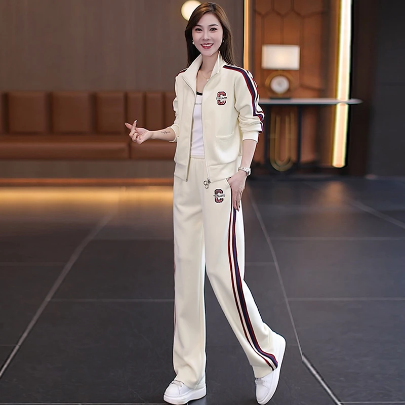 拉夏贝尔休闲运动时尚套装女春秋新款立领拉链开衫直筒裤两件套
