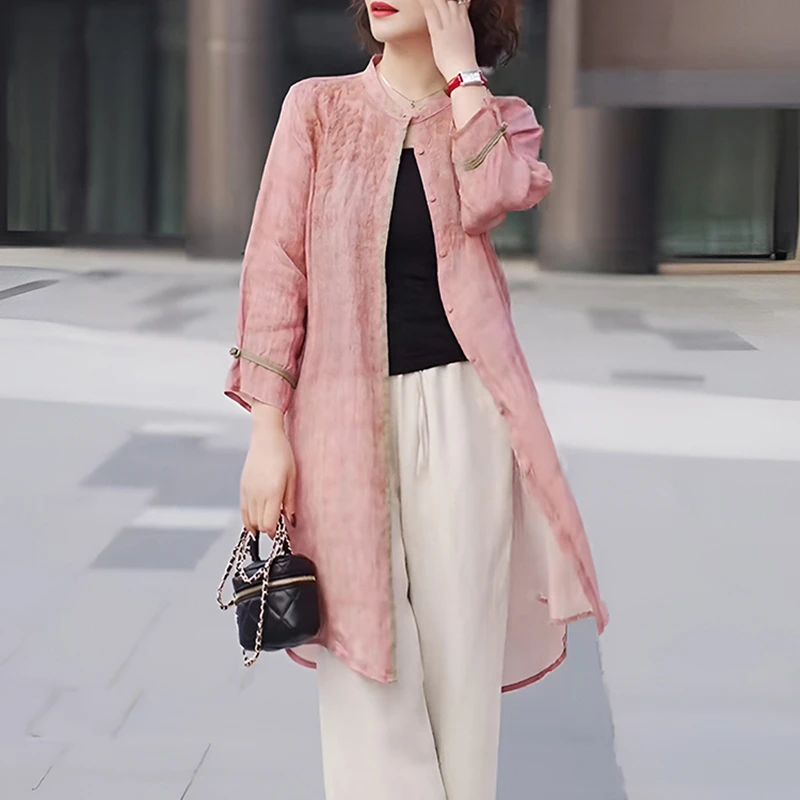 中长款国风衬衫女士春秋季2025新款大码文艺复古开衫上衣长袖衬衣