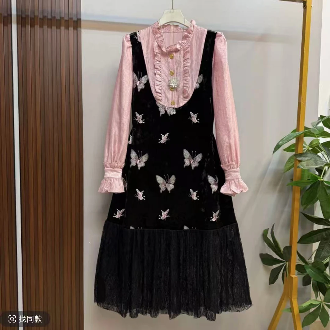粉泡芙丝绒减龄显瘦假两件加长秋季连衣裙蕾丝拼接