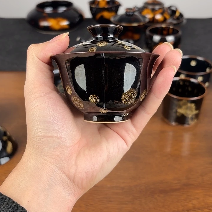 瓷点彩鹧鸪斑二才元宝盖碗