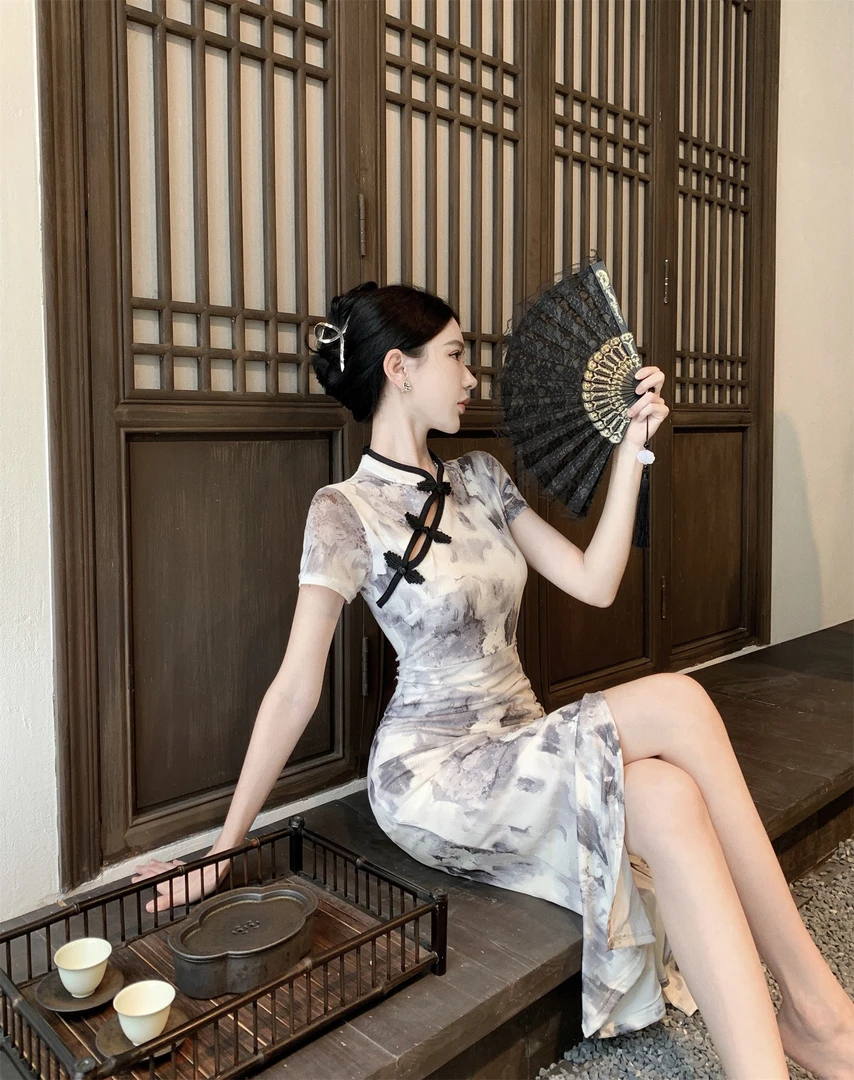 复古民国风改良旗袍网纱印花开叉中长款褶皱连衣裙DXH453A#555