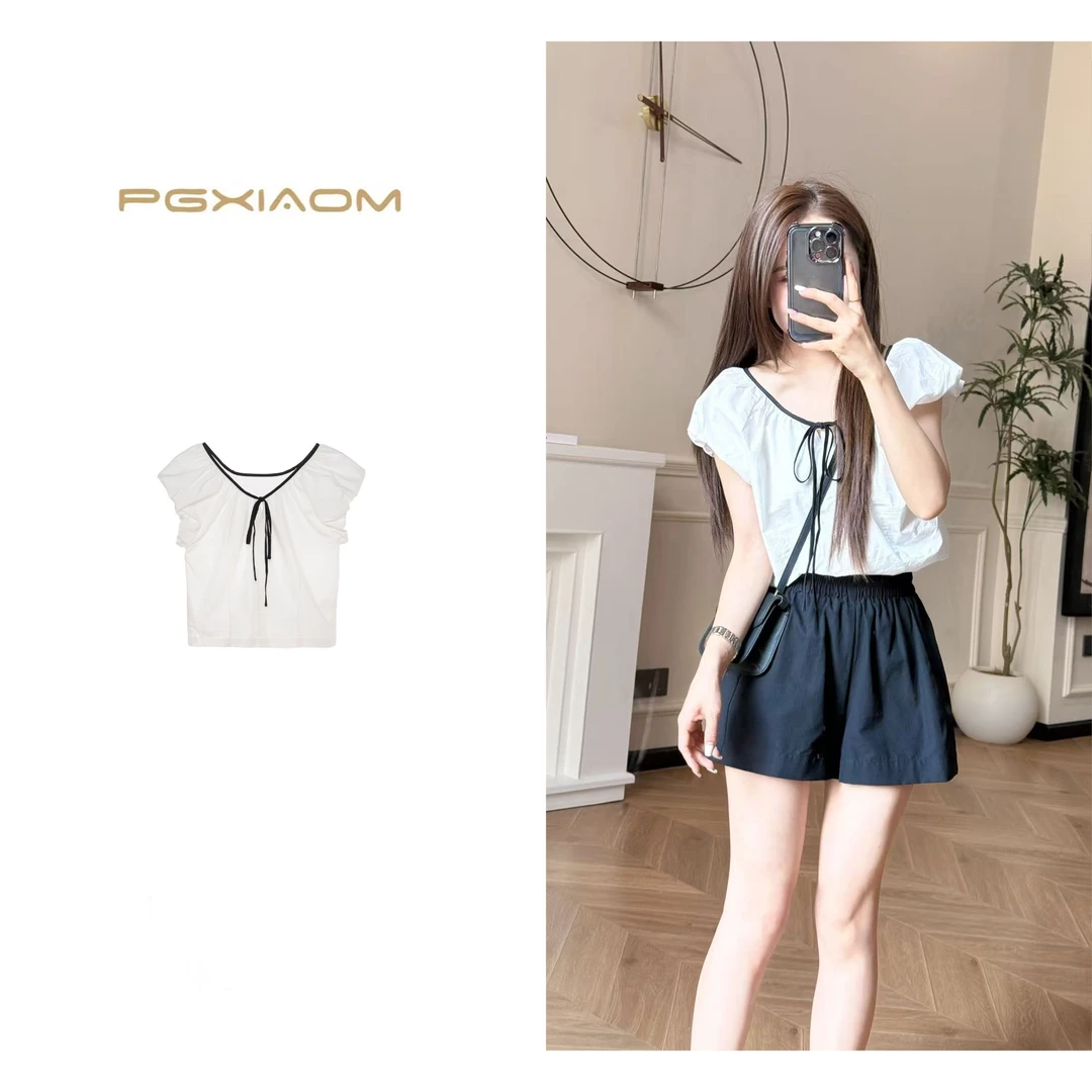 【PGXIAOM】润秀定制白色泡泡袖系带小上衣SY4138