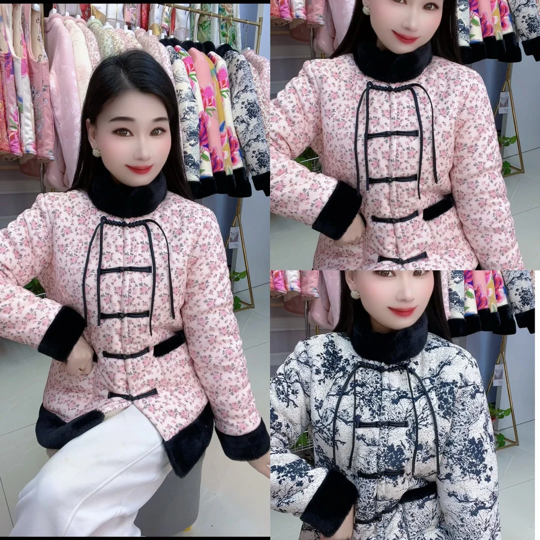 冬季新款国风外套女新中式加绒加厚国风棉衣棉服碎花棉袄
