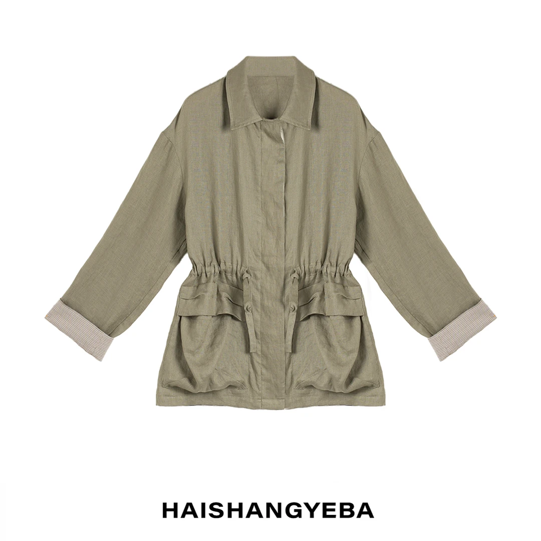【海上叶爸】新款2025百搭亚麻抽绳翻领宽松简约衬衫外套