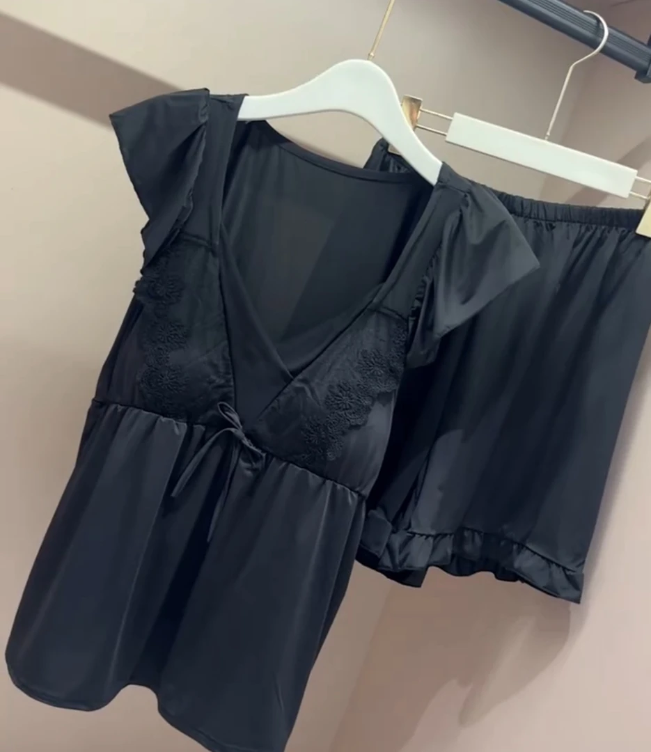 性感V领上衣短裤家居服两件套【实物微色差】