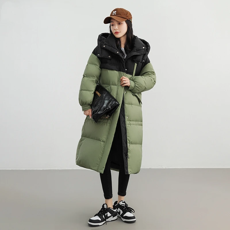 【楠姐】C491拼色羽绒服女冬季过膝长款加厚鸭绒宽松外套