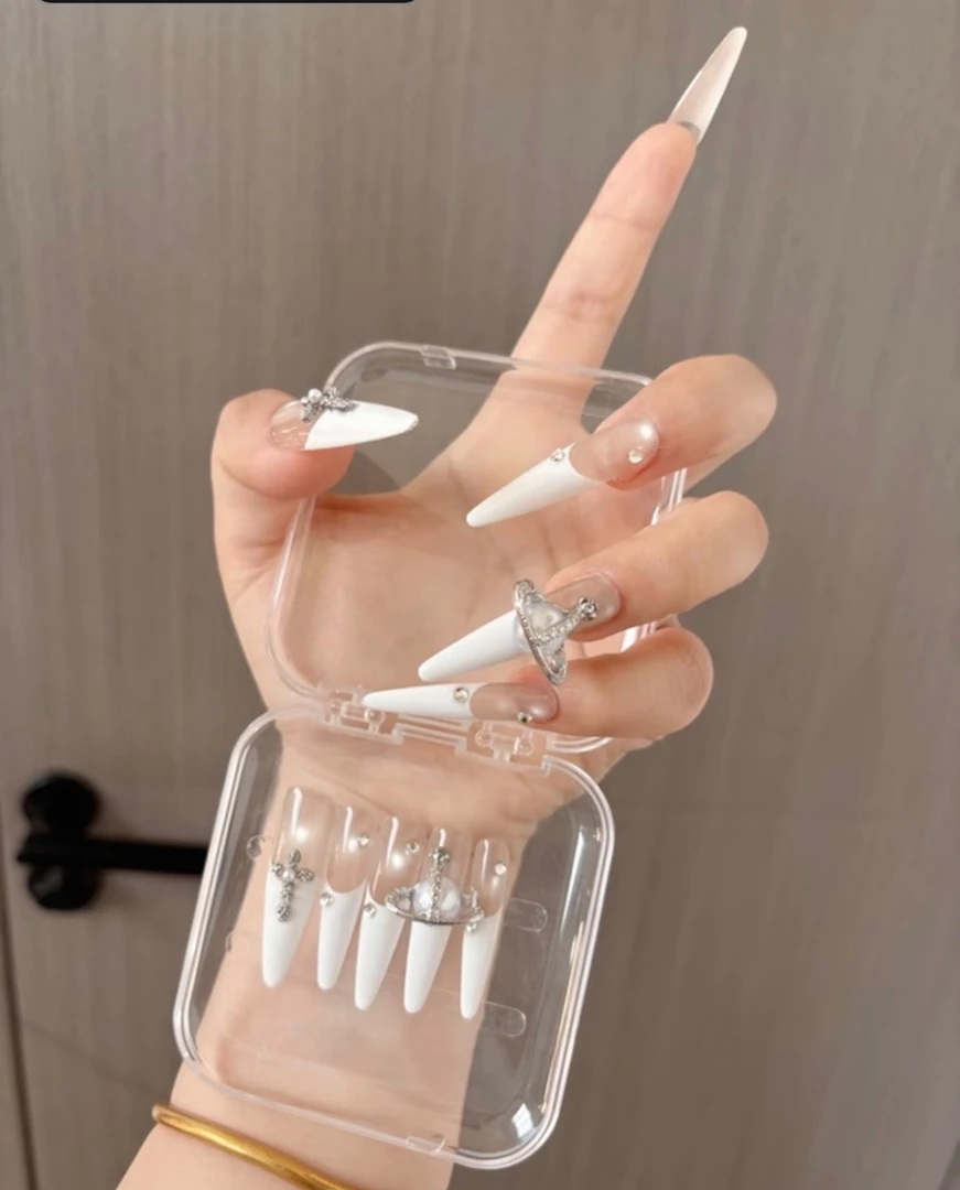 纯手工穿戴甲显白法式星球千金爆闪气质高级水滴尖甲片