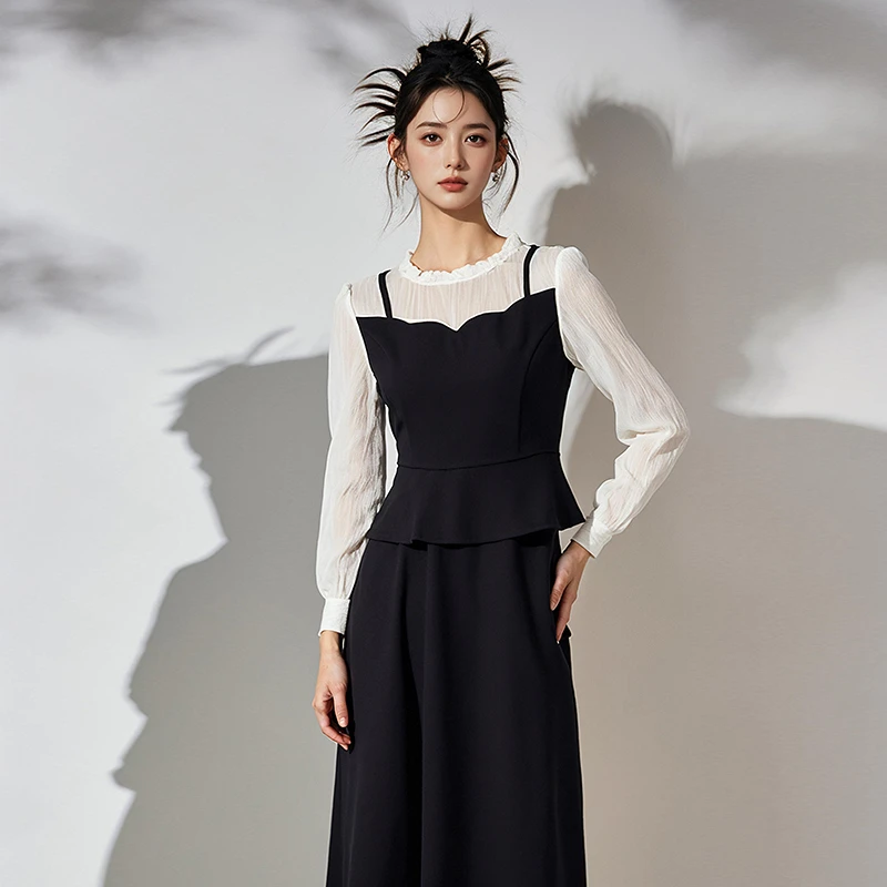 奢姿2025春装新款大码女装时尚气质荷叶领裙子胖妹妹拼接连衣裙