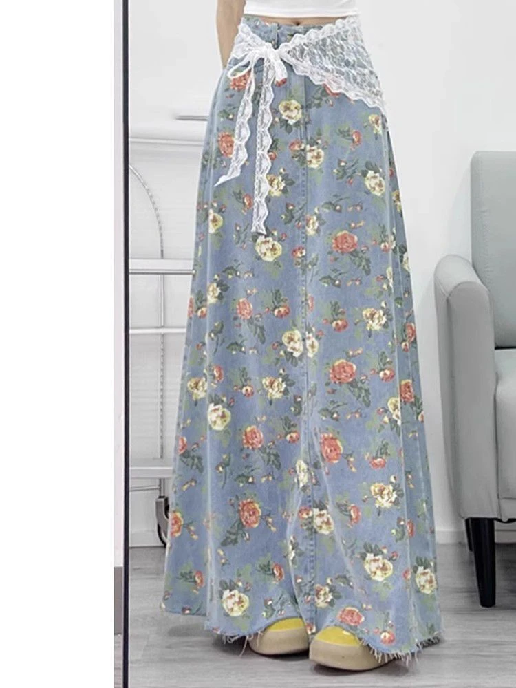 夏季2025新款复古碎花牛仔裙子女中长款牛仔裤女款爆款2025新款