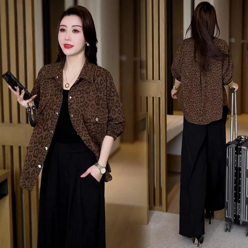 2025春秋季新款女士时尚豹纹衬衫洋气宽松遮肚子显瘦百搭休闲上衣
